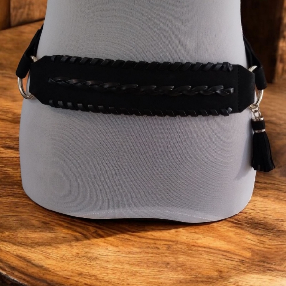 Susan Graver Black Women's Belt with Tassel & Silver Accents S/M